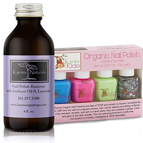 Karma Organic Nail Polish Remover & Kids Nail Polish Bundle – Includes Natural Soybean Lavender Nail Polish Remover (4Fl-Oz) Kids Nail Polish Box Set No.1