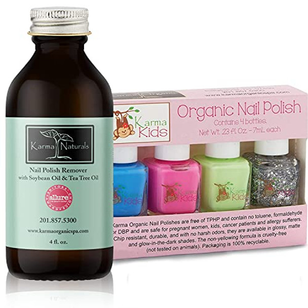 Karma Organic Nail Polish Remover & Kids Nail Polish Bundle – Natural Soybean Tea Tree Nail Polish Remover (4Fl-Oz) Kids Nail Polish Box Set No. 1 (Pack Of 4)