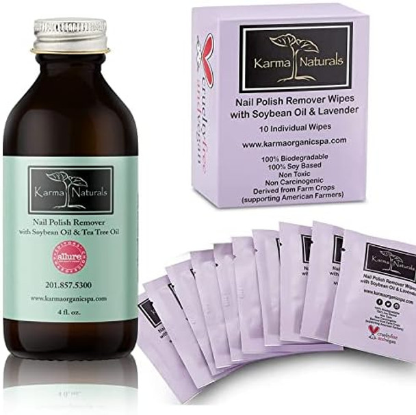 Karma Organic Nail Polish Remover Wipes Bundle - Tea Tree Oil Based Nail Polish Remover (4Fl-Oz) Lavender Nail Polish Remover Wipes (Pack Of 10)