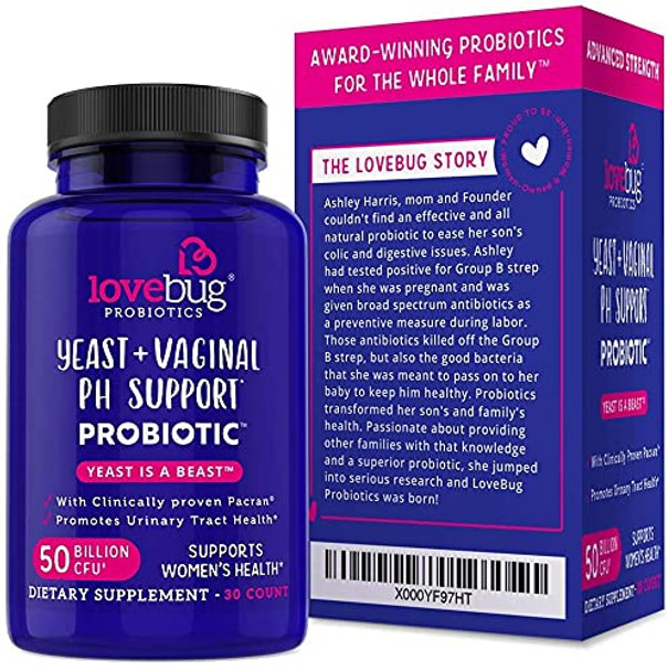 LoveBug Probiotics Complete Women's Health, 50 Billion CFU Vaginal Care and pH Balance Probiotic, Proven Ingredients with Pacran, Promotes Urinary Tract Health, Advanced Strength, 30 Capsules