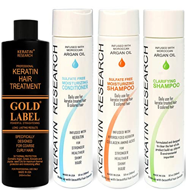 Keratin Research Gold Label Brazilian Keratin Blowout Hair Treatment Super Enhanced Winning Formula For All Hair Types & Colors Incl Blondes Bleached Coarse Curly Black African Dominican And Brazilian (Lg Set)
