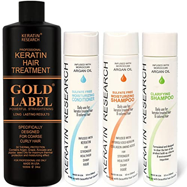 Keratin Research Gold Label Professional Results Brazilian Keratin Blowout Hair Treatment Enhanced Specifically Designed For Coarse Curly Black African Dominican Brazilian Hair (Xl Set)