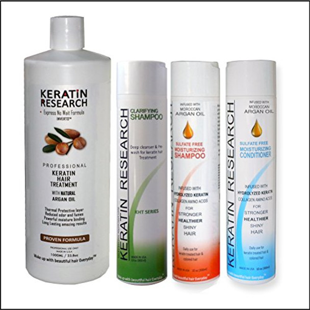 Keratin Research Tratamiento De Keratina Brasilera Profesional Complex Blowout. Tratamiento Que Alisa Y Suaviza El Cabello. Set De 4 Botellas Por 1000 Ml. Kit Que Incluye Champú Y Acondicionador Libre De Sulfatos. Po