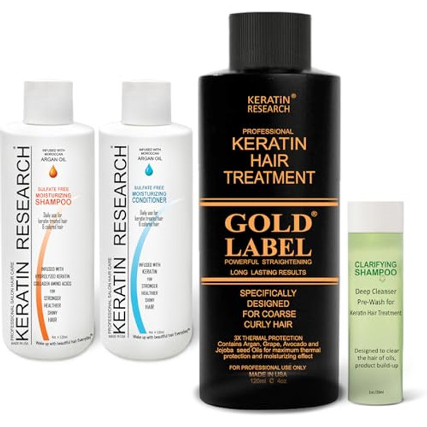 Keratin Research Tratamiento Profesional De Keratina Chocolate Gold Label Fórmula Mejorada Y Diseñada Para Los Tipos De Cabello Rizado Grueso Negro Africano Dominicano Y Brasileño. Set De 4 Botellas 120Ml