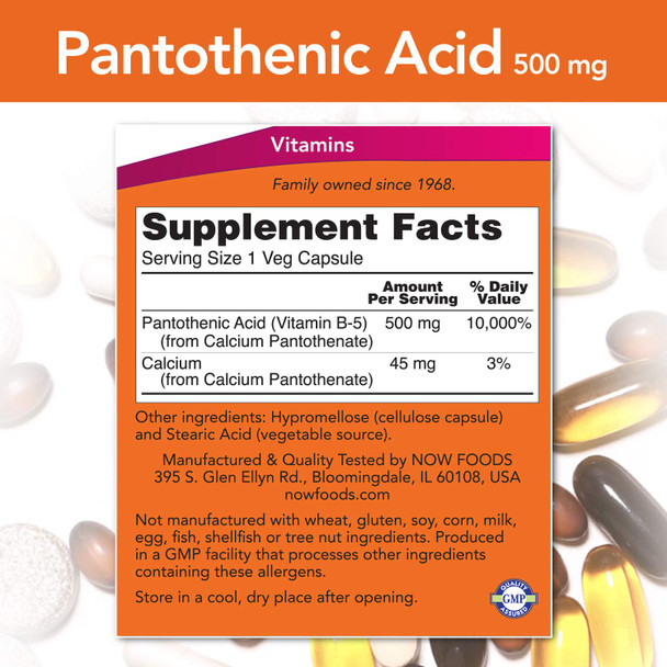 NOW Supplements, Pantothenic Acid 500 mg, 250 Capsules