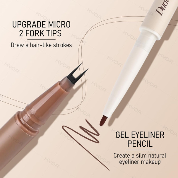 Kyda Microblading Eyebrow Pen Dual-Ended Eyebrow Pencil With 2-Fork-Tip&Gel Eyeliner For Women Eye Brow Pen With Gel Eyeliner Microblading Eye Brow Pencil With Hair Like Stroke Coffee Brown