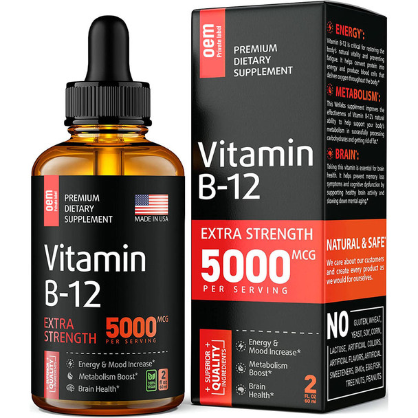 Vitamin B12 Sublingual - Organic B12 Vitamin 5000 MCG - Made in The USA - Methylcobalamin B12 Liquid Supplement - Energy, Mood & Metabolism Increase - Vegan Vitamin B12 Drops