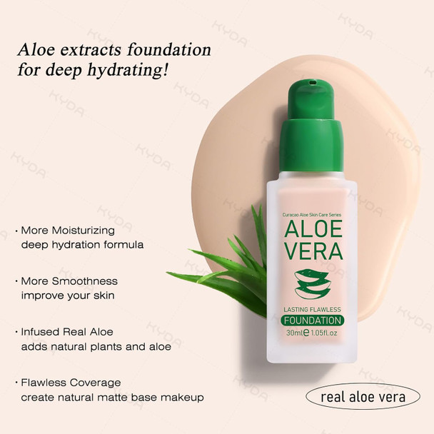 Kyda Aloe Foundation Skincare Base Makeup Infused With Aloe Leaf Medium To High Coverage Hydrating Liquid Bb Cream Foundation Lightweight Breathable Vegan 1.05 Fl Oz Ivory