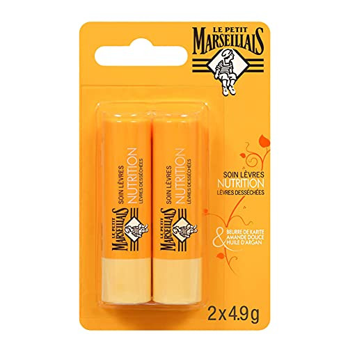 Le Petit Marseillais Soin Lèvres Nutrition Lèvres Desséchées (2 Tubes De 49 G) – Baume Lèvres Au Beurre De Karité Amande Douce Et Huile D'Argan – Stick Lèvres Nourrissant