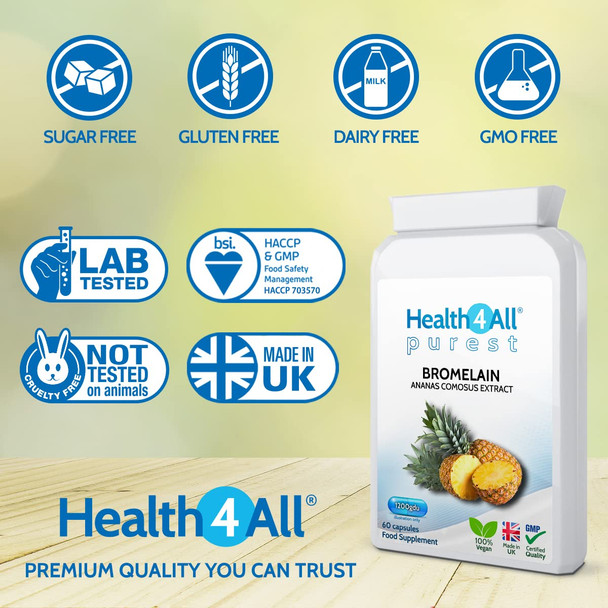 Bromelain 1200gdu 120 Capsules (V) . Purest- no additives. Vegan Capsules (not Tablets) for Inflammation, Swelling and Digestion. Made in The UK by Health4All