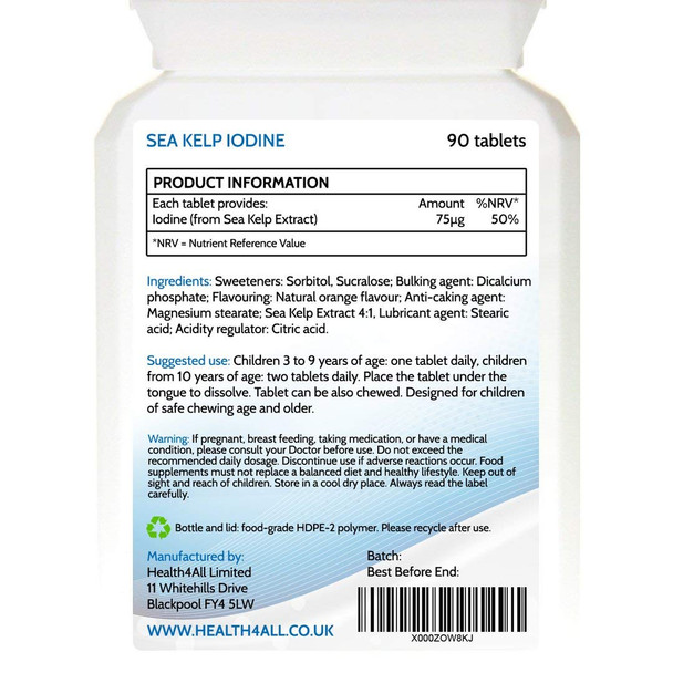 Kids Sea Kelp Iodine 75mcg Sublingual 90 Tablets (V) Vegan. Natural Iodine for Children Supports Learning and Growth with Orange Flavoured. Made in The UK by Health4All