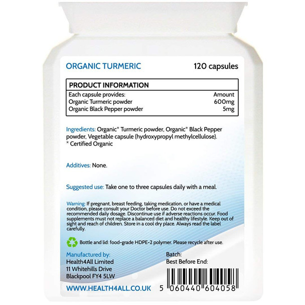 Purest Organic Turmeric (Curcumin) 600mg per Capsule with Organic Black Pepper 120 Capsules (V) Purest - no additives. Vegan. Made in The UK by Health4All