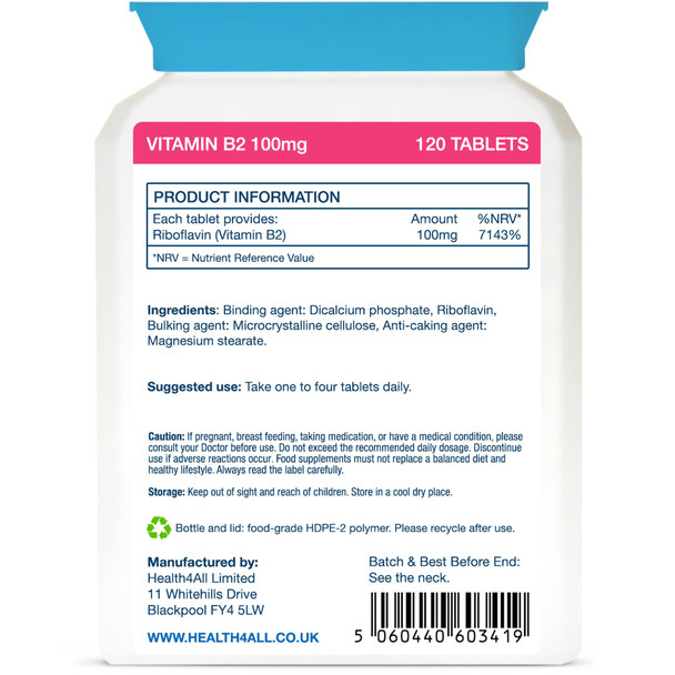 Vitamin B2 Riboflavin 100mg 120 Tablets . Migraine Support, Stress and Energy. Vegan. Made by Health4All