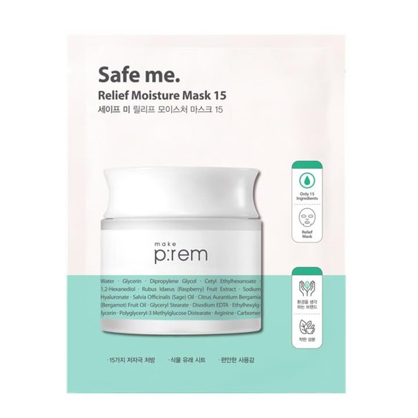 Make P:Rem Safe Me. Relief Moisture Mask 15 Hydrating Sheet Mask With Natural Ingredients Enriched With Hyaluronic Acid For Comfort And Glow Korean Skin Care 0.84 Fl.Oz. (25Ml) X 10Ea