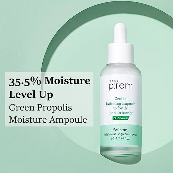 Make P:Rem Safe Me. Relief Moisture Green Ampoule Hydrating Facial Serum For Sensitive Skin Enhances Skin Barrier Korean Skin Care 1.69 Fl Oz 50Ml