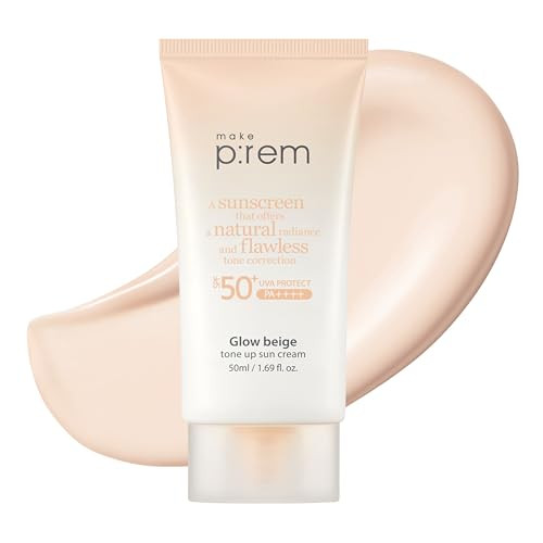 Make P:Rem Glow Beige Tone Up Sunscreen Foundation- Mineral Sun Care Skin Tone Correction Lightweight Korean Sunscreen Korean Skin Care Spf 50 1.69 Fl. Oz. 50Ml