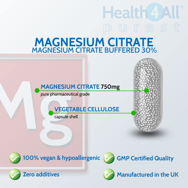 Magnesium Citrate 750mg 90 Capsules (V) (225mg Elemental Magnesium) Purest: no additives. Vegan. Made in The UK by Health4All