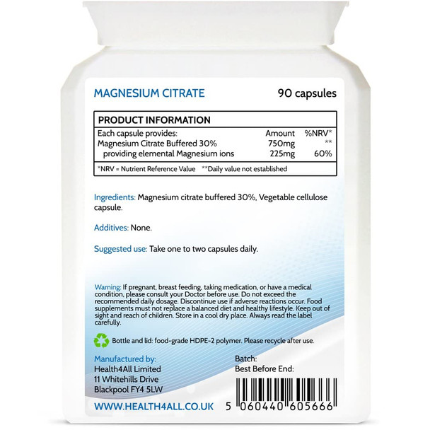 Magnesium Citrate 750mg 90 Capsules (V) (225mg Elemental Magnesium) Purest: no additives. Vegan. Made in The UK by Health4All
