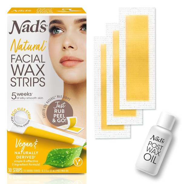 Nad'S Facial Wax Strips - Natural All Skin Types - Waxing Kit With 30 Face Wax Strips & Post Wax Oil 1 Count