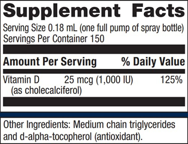 Metagenics D3 Spray Vegetarian and Bioavailable Vitamin D Supplement 1,000 IU (25 mcg) Support for Bone, Cardiovascular, and Immune Health | 150 Servings