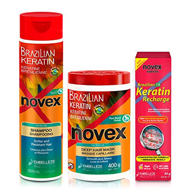 Novex Brazilian Keratin Hair Treatment Recharge Bundle - Reconstructive Keratin For Frizz Control & Damage Repair - Smooths And Straightens Hair - Ultra Concentrated Formula For Daily Care - Unisex