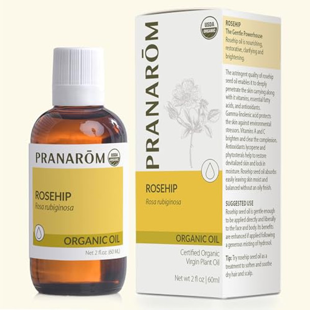 Pranarom - Usda Organic Cold-Pressed Rosehip Virgin Plant Oil - 2 Fl Oz Glass Bottle - For Anti-Aging Helps Acne Scar Massaging Face Hair & Skin Unisex