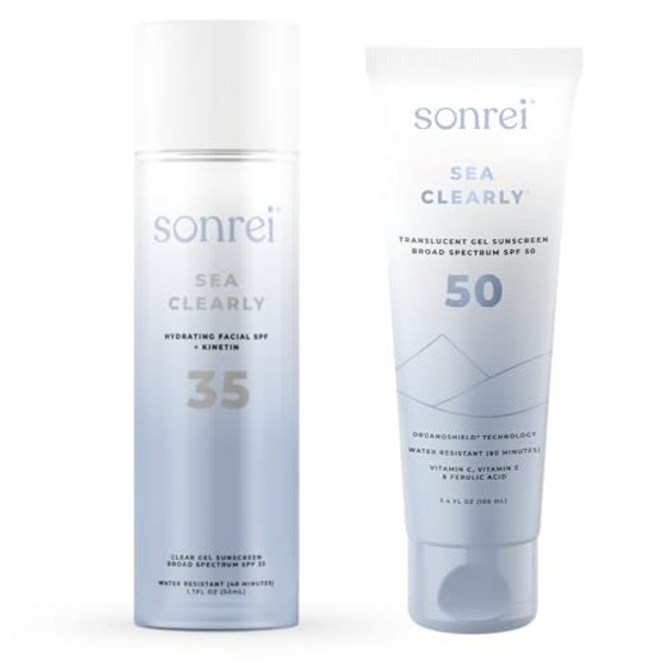 Sonrei Sea Clearly Set Hydrating Facial Spf 35 & Body Spf 50 Sunscreen Anti-Aging Growth Factor Clear Facial Sunscreen Gel & Primer Broad Spectrum Uv Protection