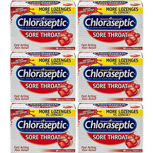 Chloraseptic Sore Throat Fast-Acting Numbing Lozenges Cherry Flavor 18 Count Pack Of 6