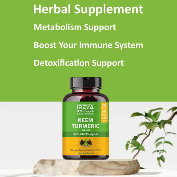 Ireya Ayurveda Neem & Turmeric Capsules 90 Capsules Made Black Pepper Neem Turmeric