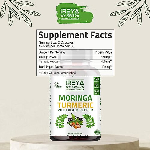Ireya Ayurveda Organic Moringa Oleifera Powder & Turmeric Root Powder With Blackpepper 120 Capsules Made With Organic Moringa Turmeric And Black Pepper Vegan Gluten- And Non-Gmo.