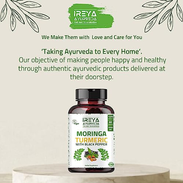 Ireya Ayurveda Organic Moringa Oleifera Powder & Turmeric Root Powder With Blackpepper 120 Capsules Made With Organic Moringa Turmeric And Black Pepper Vegan Gluten- And Non-Gmo.