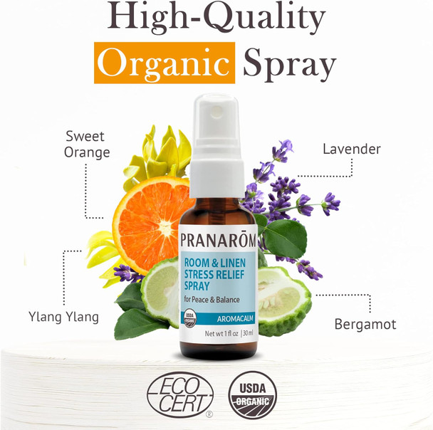 Pranarom - Aromacalm Room & Linen Stress Relief Spray (1Oz / 30Ml) - Orange Bergamot Lavender Ylang Ylang - Essential Oil For Relaxation And Air Purificationusda And Ecocert Organic