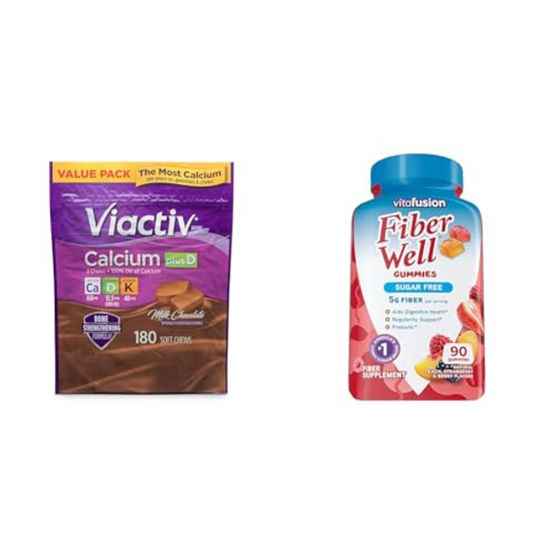Viactiv Calcium Plus Vitamin D Supplement Soft Chews Brown Milk Chocolate 180 Count & Vitafusion Fiber Well Sugar Fiber Supplement Peach Strawberry And Blackberry Flavored