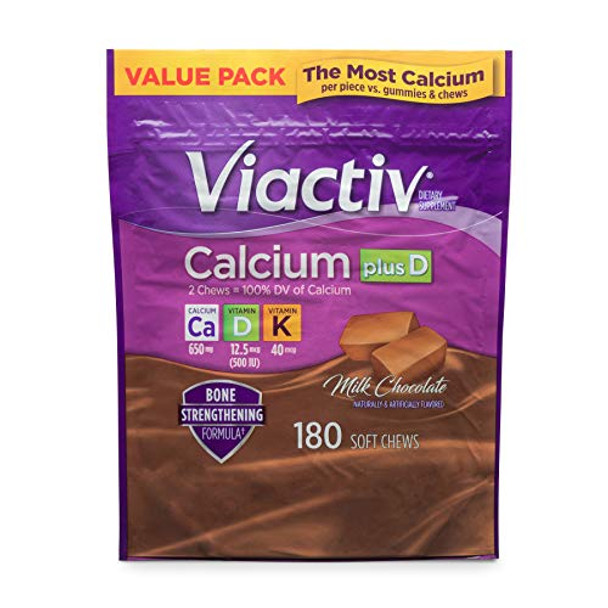 Viactiv Calcium Plus Vitamin D Supplement Soft Chews Brown Milk Chocolate 180 Count & Vitafusion Fiber Well Sugar Fiber Supplement Peach Strawberry And Blackberry Flavored