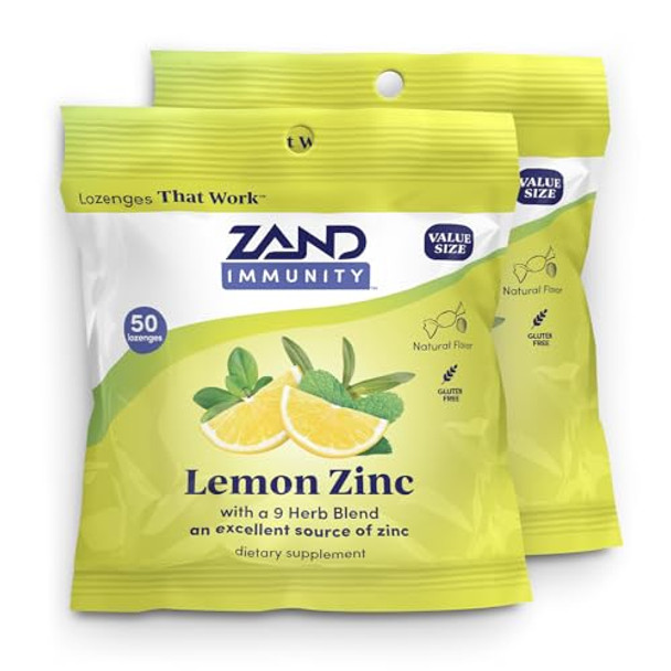 Zand Immunity Lemon Zinc Throat Lozenges 2 Pack - Good-For-You Dry Mouth Lozenges Immune Support Supplement W/Zinc 5Mg Eucalyptus Mullein Soothe A Dry Throat Natural Flavor Gluten 50Ct Ea
