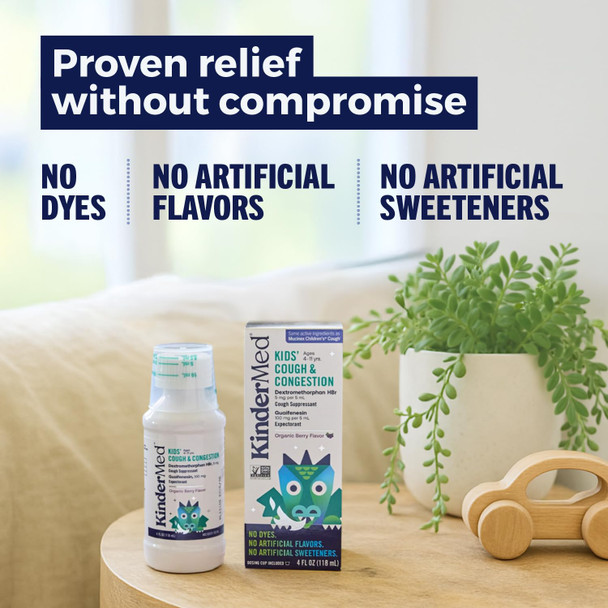 KinderMed Kids' Daytime Cough & Congestion Medicine for Ages 4-11 Years No Dyes No Artificial Flavors No Artificial Sweeteners Vegan Non-GMO Gluten Free Organic Berry Flavor (4 Fl Oz)