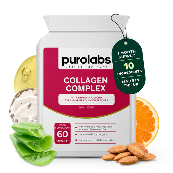 Purolabs Marine Collagen Complex - Collagen Supplement for Women & Men - with Hyaluronic Acid & Vitamin C - High Strength Type 1 Hydrolyzed Collagen Peptides - 60 Capsules