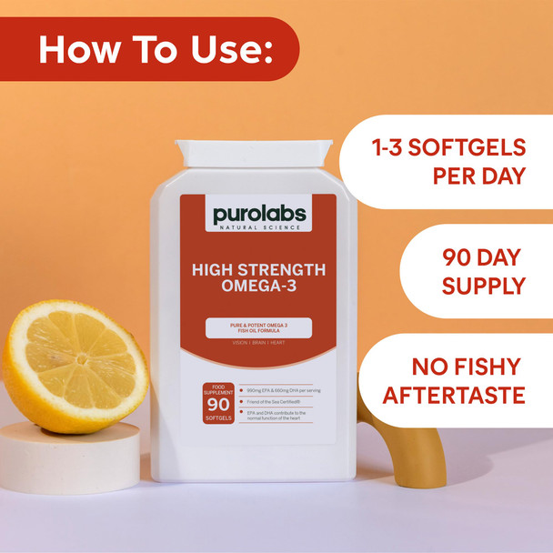 Purolabs Omega 3 Fish Oil Capsules – High Strength Omega 3 with 660mg EPA & 440mg DHA per Serving – Premium Omega 3 Capsules for Heart, Brain & Vision Support – 90 Easy-to-Swallow Softgels