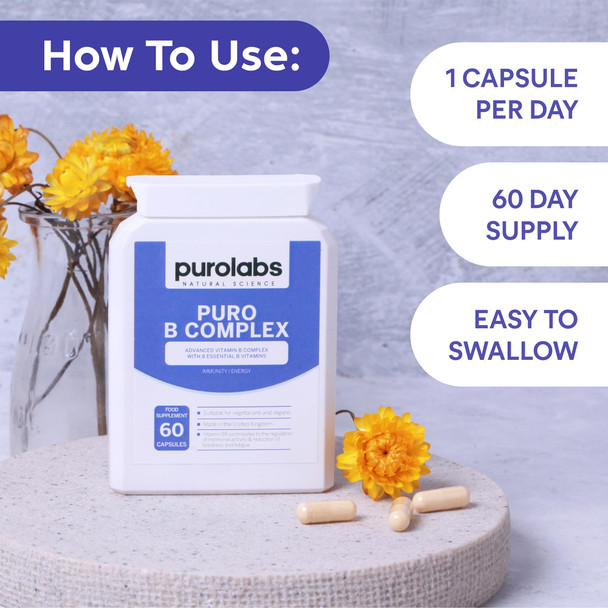 Purolabs Vitamin B Complex High Strength – High Strength VIT B Complex with 8 Essential B Vitamins – Methylated Folate & B12 Supplements with Vitamin B6 and B12 – 60 Vegan Capsules