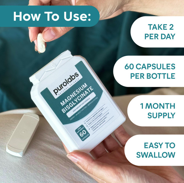 Purolabs Magnesium Bisglycinate 250mg  High Absorption  Energy Sleep & Muscle Support  Gentle on Stomach  Vegan Non-GMO Allergen-Free  60 Capsules