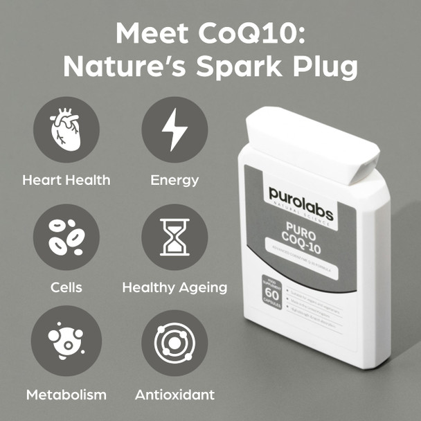 Purolabs CoQ10 Ubiquinol Coenzyme Q10 High Strength – 100mg CoQ10 Supplement for Energy Heart Brain & Cellular Support – High Absorption Ubiquinone Formula – 60 Vegan Capsules