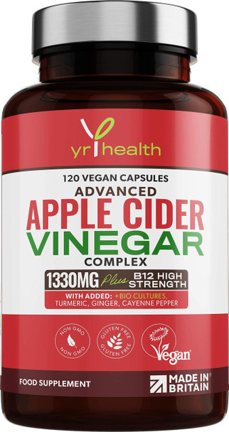 yrhealth Apple Cider Vinegar Capsules Max Strength with Cayenne Pepper Bio-Cultures Turmeric Ginger Vitamin B12 1330mg 120 Vegan  Capsules