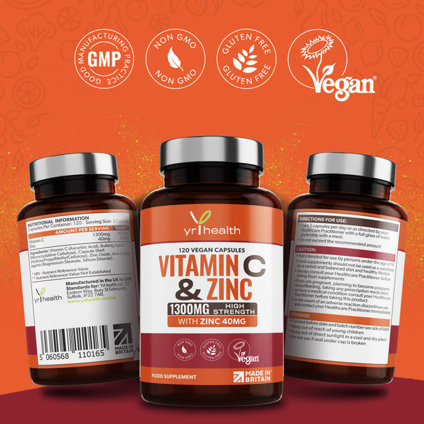 yrhealth Vitamin C 1300mg and Zinc 40mg High Strength - VIT C and Zinc for Maintenance of Normal Immune System - 120 Vegan Capsules