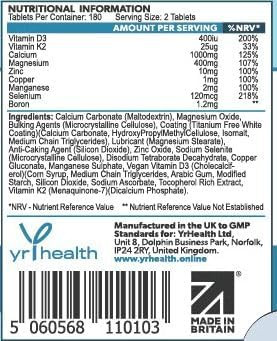 yrhealth Calcium Magnesium Zinc and Vitamin D Plus Vitamin K2 MK-7 Tablets - Osteo Supplement - 180 Vegan Tablets