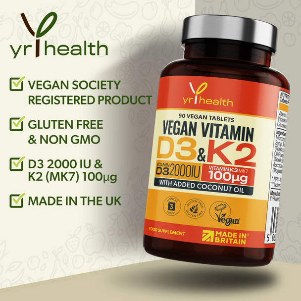 yrhealth Vegan Vitamin D3 K2 Tablets High Strength & Coconut Oil for Absorbtion - Vitamin D 2000iu & Vitamin K2 Mk7 100mcg Plant Based Supplement for Immune System Bones Blood Calcium Levels 90 vegan  Tablets