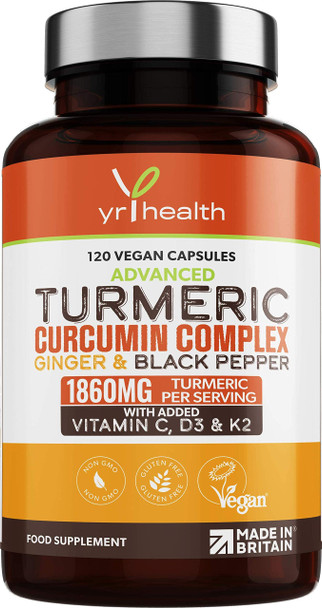 yrhealth Turmeric Capsules High Strength 1860mg with Black Pepper Ginger Vitamin C & D for Immune System & Joints Plus K2 Mk7-120 Vegan Capsules
