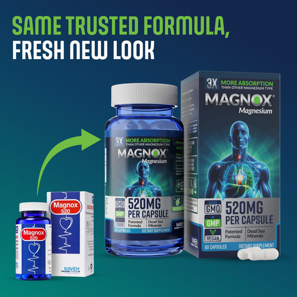 MAGNOX 520 Magnesium Supplement Kosher Vegan & Gluten Free Magnesium Supplements For Men & Women High Absorption Magnesium For Sleep & Muscle Pain Relief 1 Dose A Day 60 Magnesium Caps 520Mg
