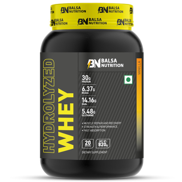 Balsa Nutrition Hydrolyzed Whey Protein Powder- 820g, 33g Per Serving (Vanilla Flavour) | For Muscle Growth, Workout & Performance Recovery, Weight Management, Powerful Antioxidant | Non- GMO