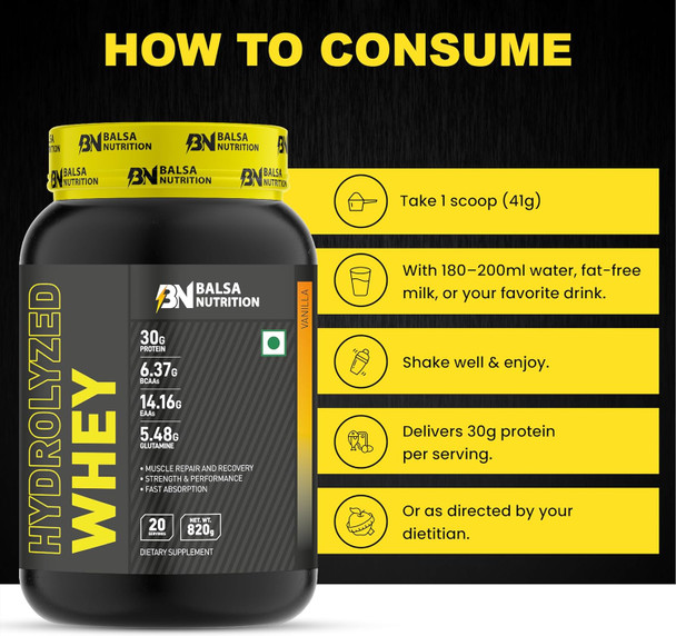 Balsa Nutrition Hydrolyzed Whey Protein Powder- 820g, 33g Per Serving (Vanilla Flavour) | For Muscle Growth, Workout & Performance Recovery, Weight Management, Powerful Antioxidant | Non- GMO