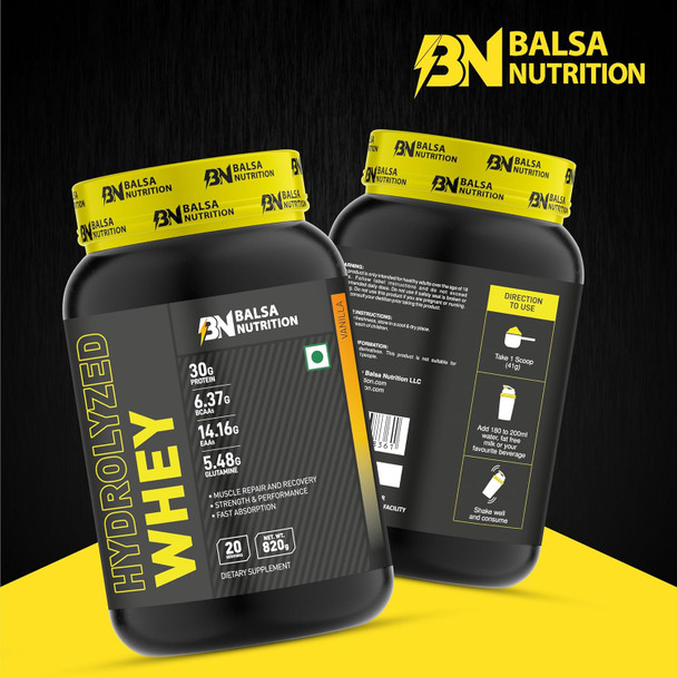 Balsa Nutrition Hydrolyzed Whey Protein Powder- 820g, 33g Per Serving (Vanilla Flavour) | For Muscle Growth, Workout & Performance Recovery, Weight Management, Powerful Antioxidant | Non- GMO